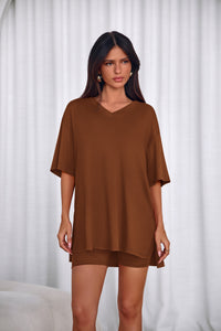 PRETTYGARDEN 2 Piece Sets for Women Summer Lounge Short Set Spring Matching Biker Shorts V Neck Oversized Shirt Clothing PRETTYGARDEN