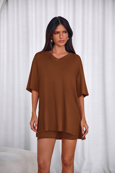 PRETTYGARDEN 2 Piece Sets for Women Summer Lounge Short Set Spring Matching Biker Shorts V Neck Oversized Shirt Clothing PRETTYGARDEN