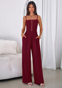 PRETTYGARDEN Jumpsuits for Women Summer Sleeveless Smocked Button Wide Leg Rompers Spring Travel One Piece Outfits PRETTYGARDEN