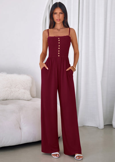 PRETTYGARDEN Jumpsuits for Women Summer Sleeveless Smocked Button Wide Leg Rompers Spring Travel One Piece Outfits PRETTYGARDEN