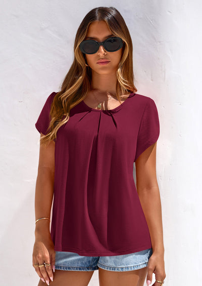 PRETTYGARDEN Summer Tops for Women Short Sleeve Crew Neck Pleated T Shirts Dressy Casual Blouses Spring Fashion Clothes PRETTYGARDEN
