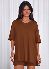 PRETTYGARDEN 2 Piece Sets for Women Summer Lounge Short Set Spring Matching Biker Shorts V Neck Oversized Shirt Clothing PRETTYGARDEN