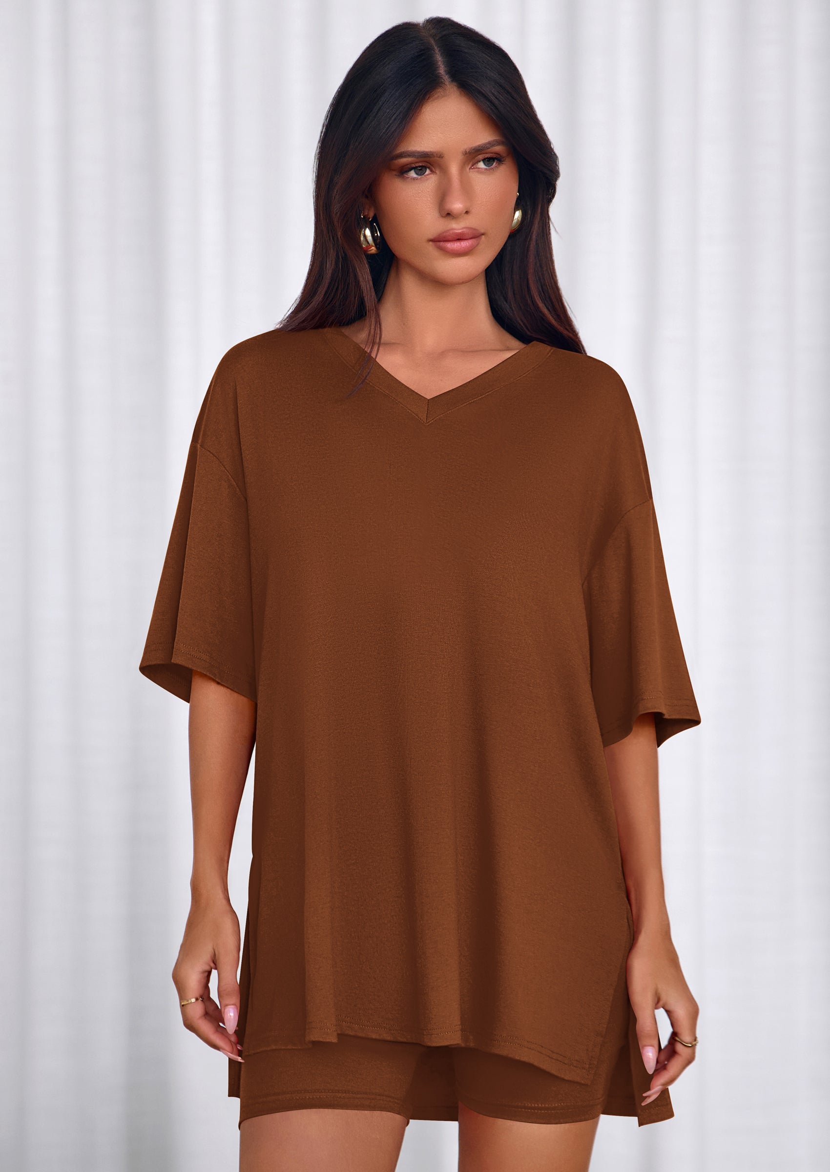 PRETTYGARDEN 2 Piece Sets for Women Summer Lounge Short Set Spring Matching Biker Shorts V Neck Oversized Shirt Clothing PRETTYGARDEN