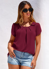 PRETTYGARDEN Summer Tops for Women Short Sleeve Crew Neck Pleated T Shirts Dressy Casual Blouses Spring Fashion Clothes PRETTYGARDEN