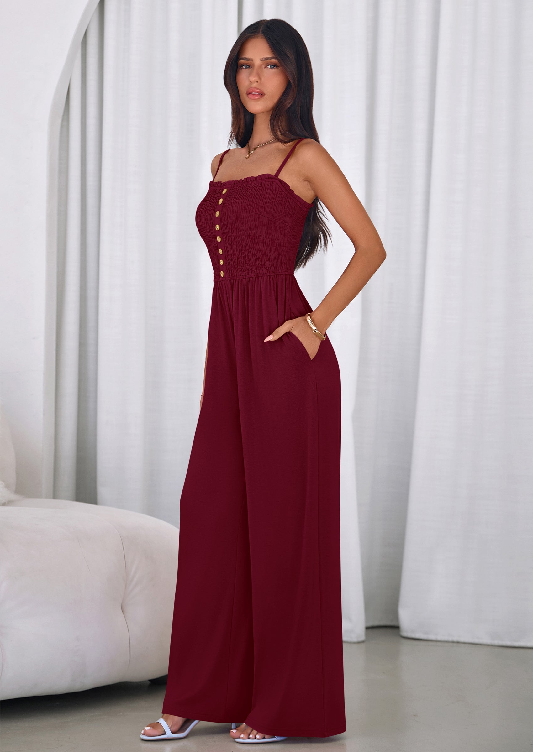 PRETTYGARDEN Jumpsuits for Women Summer Sleeveless Smocked Button Wide Leg Rompers Spring Travel One Piece Outfits PRETTYGARDEN