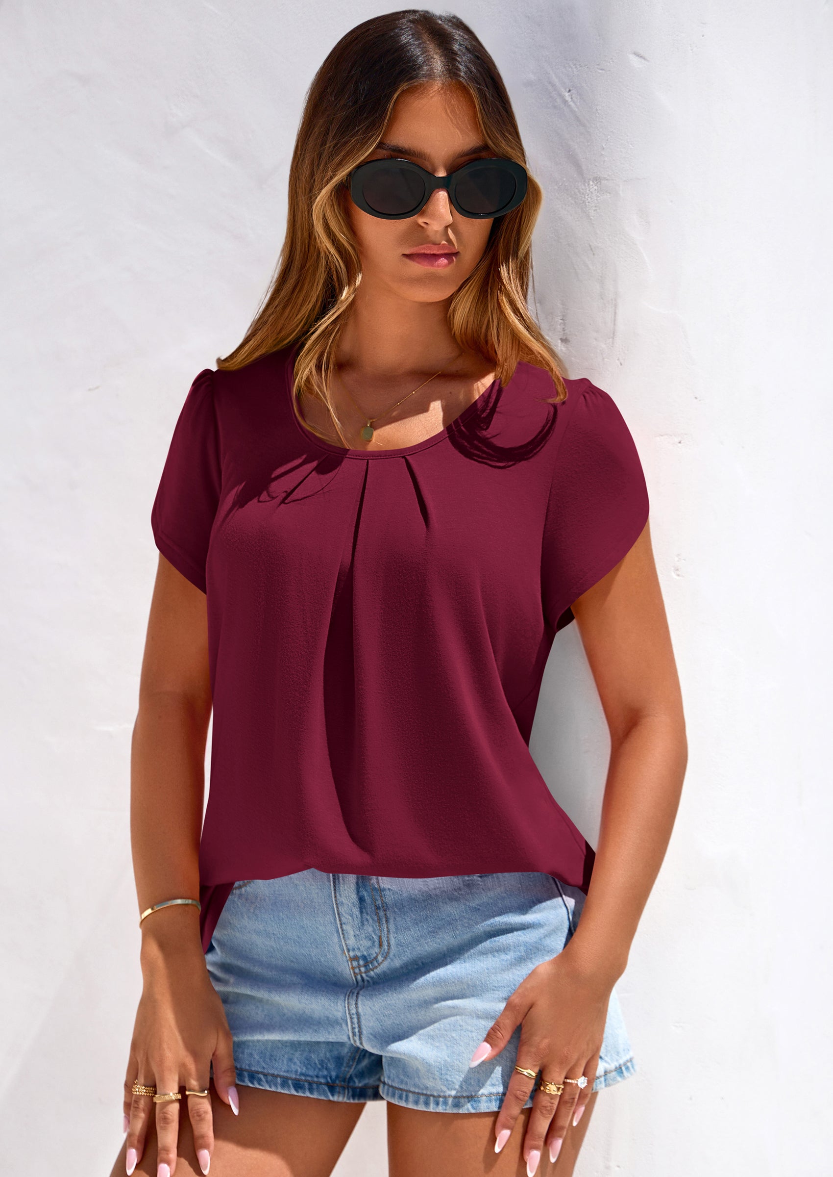 PRETTYGARDEN Summer Tops for Women Short Sleeve Crew Neck Pleated T Shirts Dressy Casual Blouses Spring Fashion Clothes PRETTYGARDEN