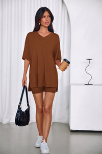 PRETTYGARDEN 2 Piece Sets for Women Summer Lounge Short Set Spring Matching Biker Shorts V Neck Oversized Shirt Clothing PRETTYGARDEN