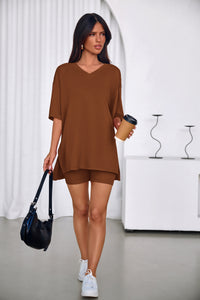 PRETTYGARDEN 2 Piece Sets for Women Summer Lounge Short Set Spring Matching Biker Shorts V Neck Oversized Shirt Clothing PRETTYGARDEN