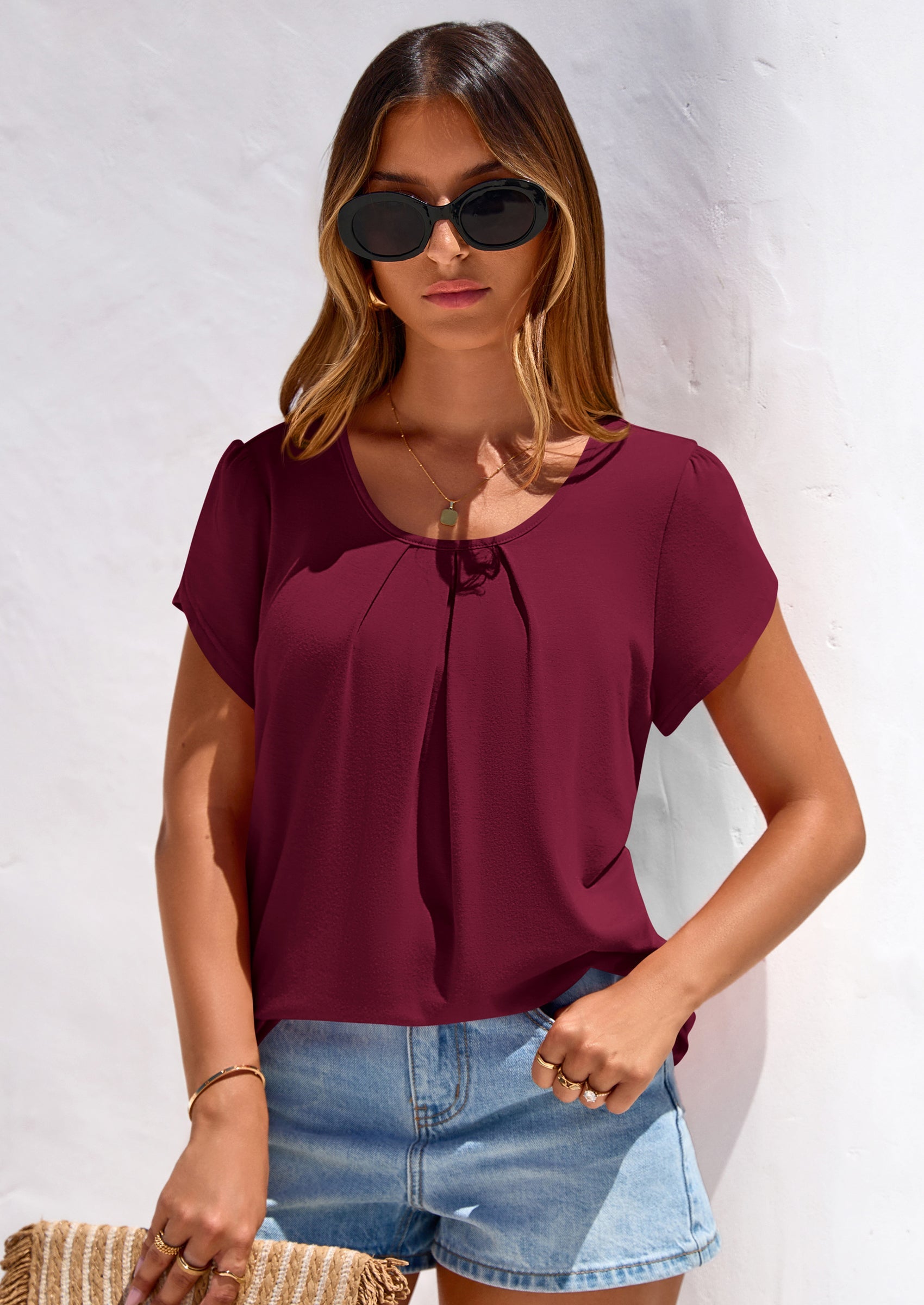 PRETTYGARDEN Summer Tops for Women Short Sleeve Crew Neck Pleated T Shirts Dressy Casual Blouses Spring Fashion Clothes PRETTYGARDEN