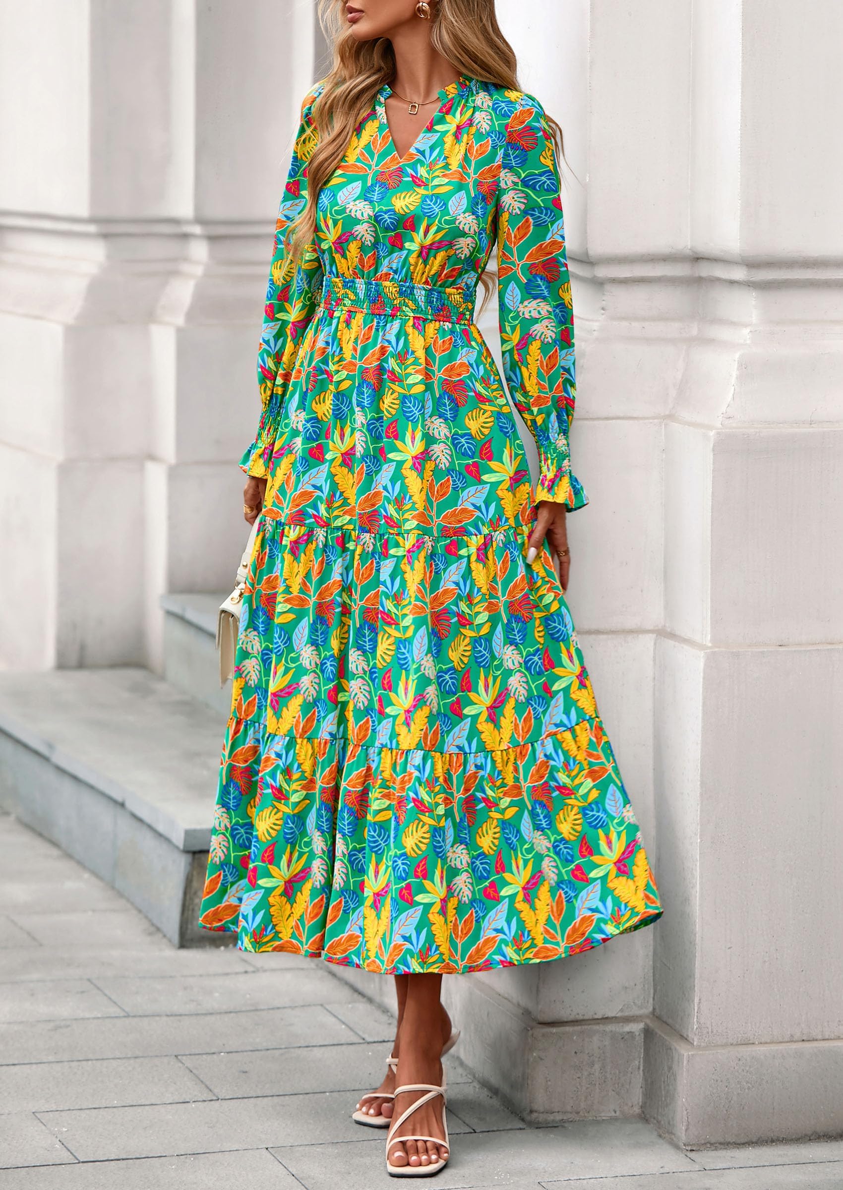 PRETTYGARDEN Women's Floral Maxi Dress Spring Long Sleeve V Neck Casual A Line Long Flowy Boho Party Dresses