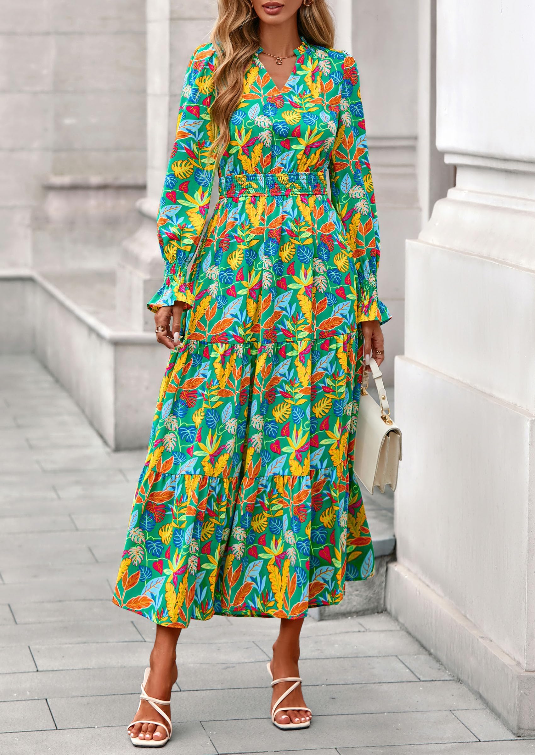 PRETTYGARDEN Women's Floral Maxi Dress Spring Long Sleeve V Neck Casual A Line Long Flowy Boho Party Dresses