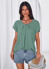 PRETTYGARDEN Summer Tops for Women Short Sleeve Crew Neck Pleated T Shirts Dressy Casual Blouses Spring Fashion Clothes PRETTYGARDEN