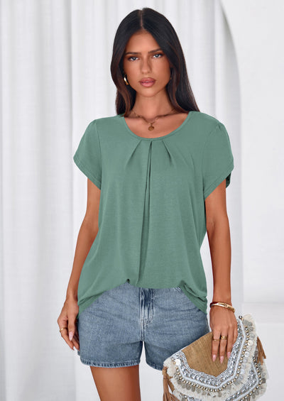 PRETTYGARDEN Summer Tops for Women Short Sleeve Crew Neck Pleated T Shirts Dressy Casual Blouses Spring Fashion Clothes PRETTYGARDEN