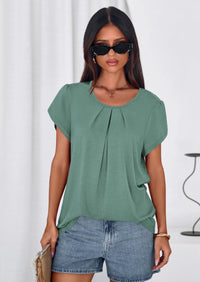 PRETTYGARDEN Summer Tops for Women Short Sleeve Crew Neck Pleated T Shirts Dressy Casual Blouses Spring Fashion Clothes PRETTYGARDEN