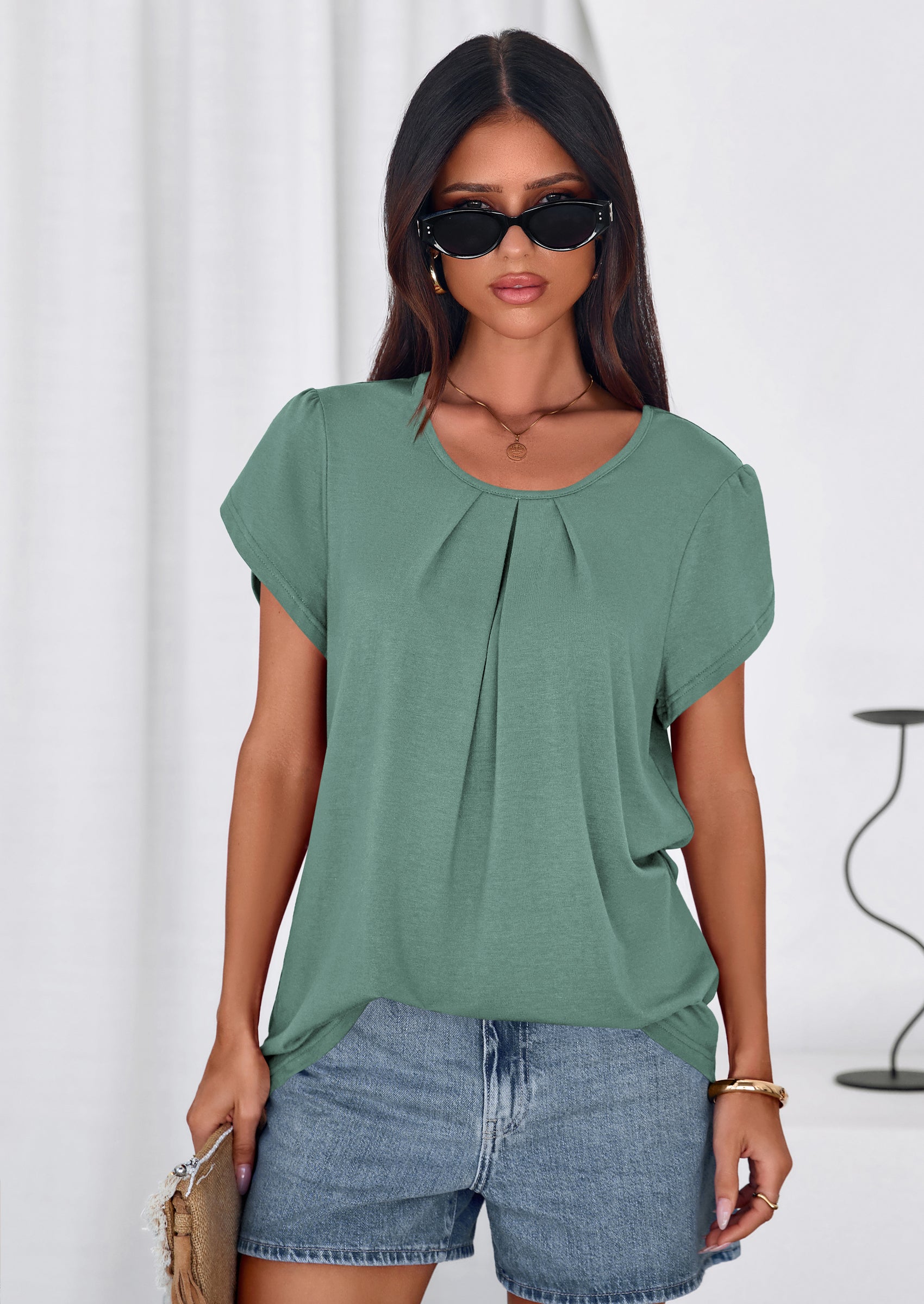 PRETTYGARDEN Summer Tops for Women Short Sleeve Crew Neck Pleated T Shirts Dressy Casual Blouses Spring Fashion Clothes PRETTYGARDEN