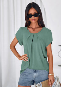PRETTYGARDEN Summer Tops for Women Short Sleeve Crew Neck Pleated T Shirts Dressy Casual Blouses Spring Fashion Clothes PRETTYGARDEN