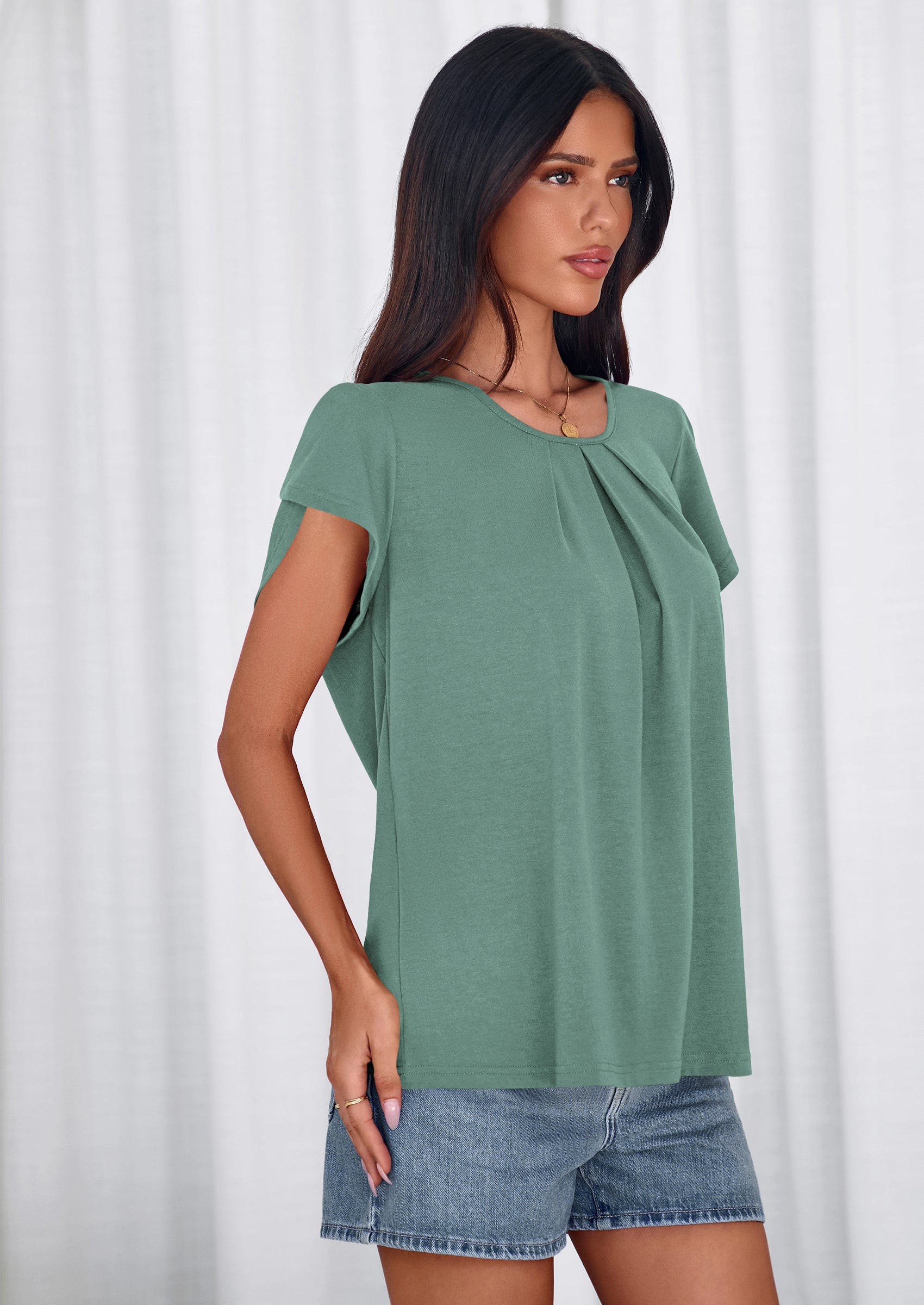 PRETTYGARDEN Summer Tops for Women Short Sleeve Crew Neck Pleated T Shirts Dressy Casual Blouses Spring Fashion Clothes PRETTYGARDEN