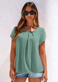 PRETTYGARDEN Summer Tops for Women Short Sleeve Crew Neck Pleated T Shirts Dressy Casual Blouses Spring Fashion Clothes PRETTYGARDEN