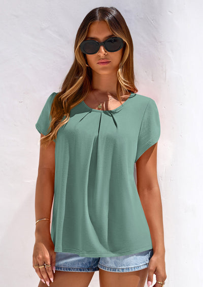 PRETTYGARDEN Summer Tops for Women Short Sleeve Crew Neck Pleated T Shirts Dressy Casual Blouses Spring Fashion Clothes PRETTYGARDEN
