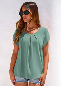 PRETTYGARDEN Summer Tops for Women Short Sleeve Crew Neck Pleated T Shirts Dressy Casual Blouses Spring Fashion Clothes PRETTYGARDEN