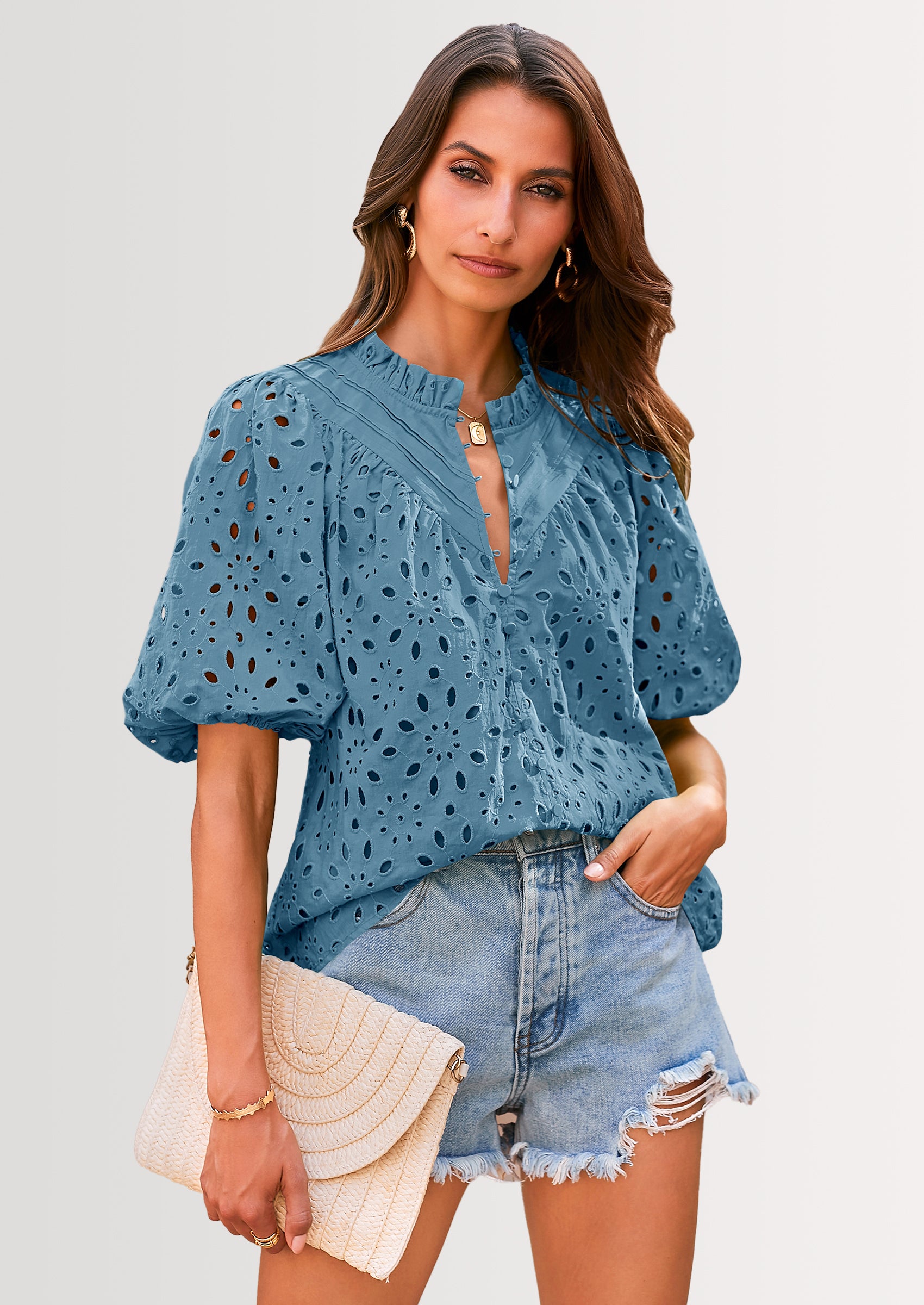 PRETTYGARDEN Women's Summer Short Sleeve Tops Dressy Casual Buttons V Neck Hollow Out Lace Embroidered Blouses Shirts