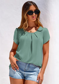 PRETTYGARDEN Summer Tops for Women Short Sleeve Crew Neck Pleated T Shirts Dressy Casual Blouses Spring Fashion Clothes PRETTYGARDEN
