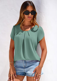 PRETTYGARDEN Summer Tops for Women Short Sleeve Crew Neck Pleated T Shirts Dressy Casual Blouses Spring Fashion Clothes PRETTYGARDEN