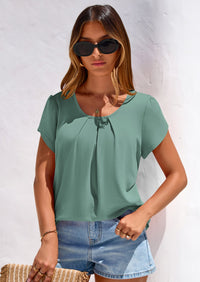 PRETTYGARDEN Summer Tops for Women Short Sleeve Crew Neck Pleated T Shirts Dressy Casual Blouses Spring Fashion Clothes PRETTYGARDEN