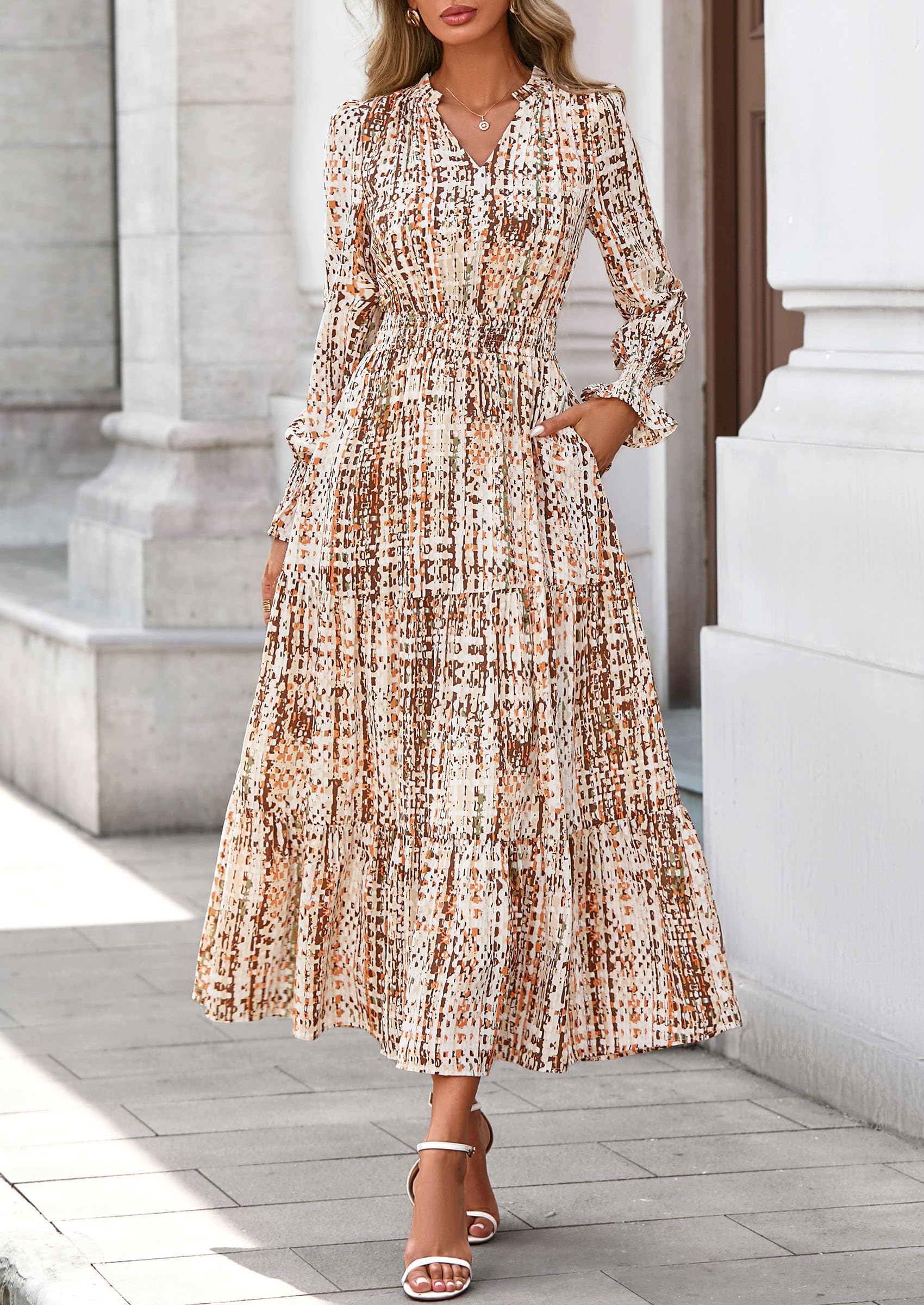 PRETTYGARDEN Women's Floral Maxi Dress Spring Long Sleeve V Neck Casual A Line Long Flowy Boho Party Dresses