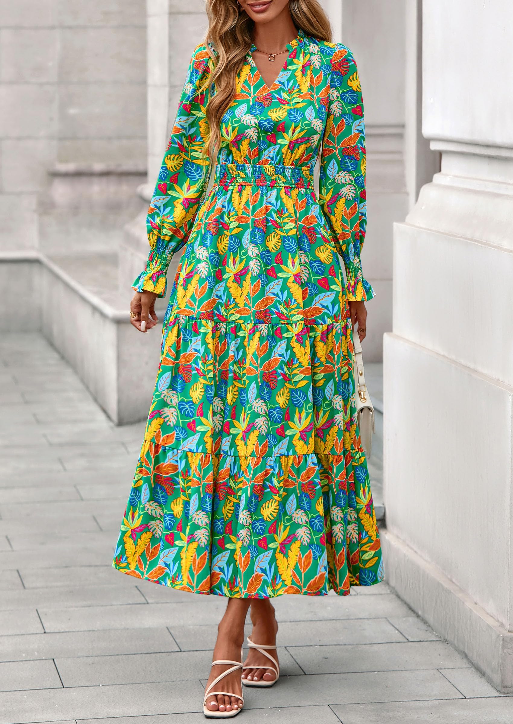 PRETTYGARDEN Women's Floral Maxi Dress Spring Long Sleeve V Neck Casual A Line Long Flowy Boho Party Dresses