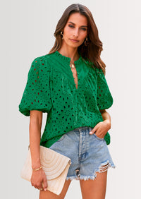 PRETTYGARDEN Women's Summer Short Sleeve Tops Dressy Casual Buttons V Neck Hollow Out Lace Embroidered Blouses Shirts