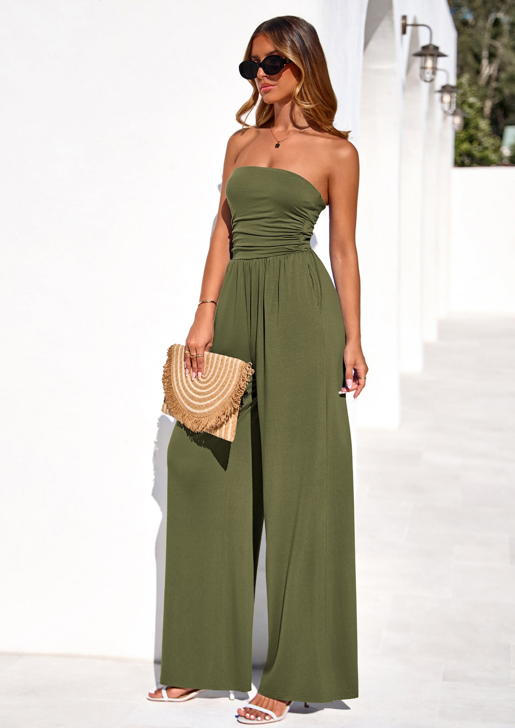 PRETTYGARDEN Womens Trendy Strapless Rompers Ruched Tube Top Wide Leg One Piece Jumpsuits Beach Vacation Summer Outfits PRETTYGARDEN