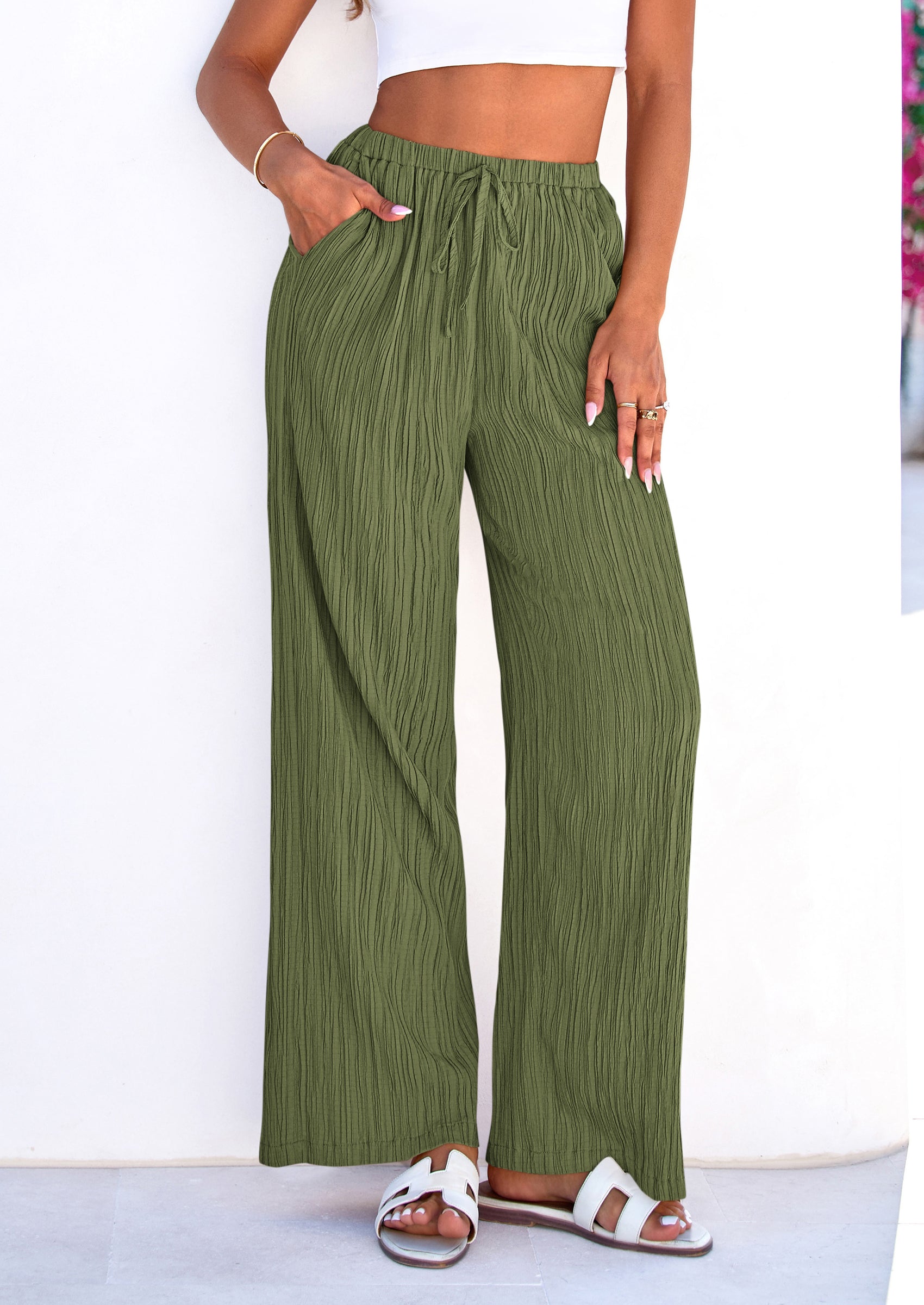 PRETTYGARDEN Womens Palazzo Pants Summer Fashion High Waisted Wide Leg Drawstring Flowy Beach Trousers with Pockets PRETTYGARDEN