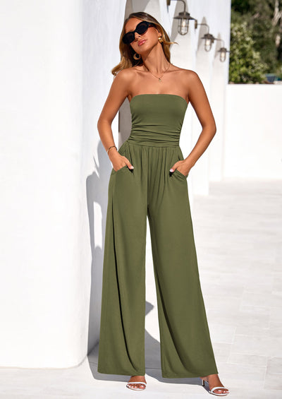 PRETTYGARDEN Womens Trendy Strapless Rompers Ruched Tube Top Wide Leg One Piece Jumpsuits Beach Vacation Summer Outfits PRETTYGARDEN