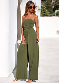 PRETTYGARDEN Womens Trendy Strapless Rompers Ruched Tube Top Wide Leg One Piece Jumpsuits Beach Vacation Summer Outfits PRETTYGARDEN