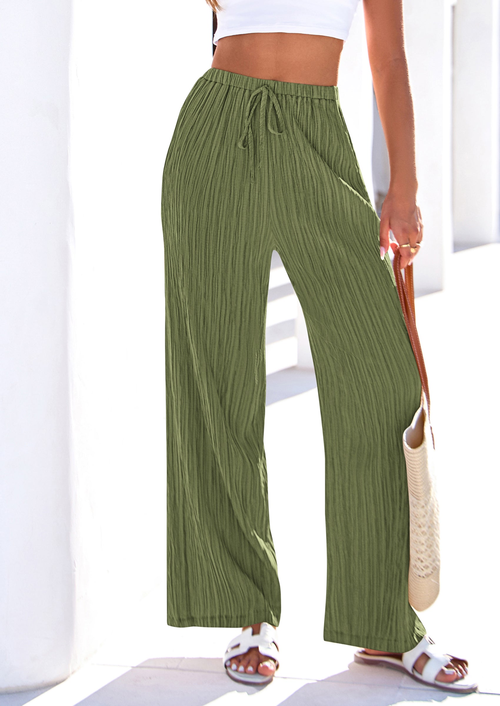 PRETTYGARDEN Womens Palazzo Pants Summer Fashion High Waisted Wide Leg Drawstring Flowy Beach Trousers with Pockets PRETTYGARDEN