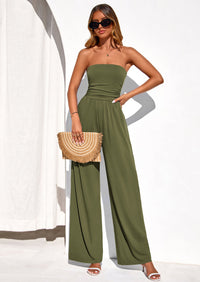 PRETTYGARDEN Womens Trendy Strapless Rompers Ruched Tube Top Wide Leg One Piece Jumpsuits Beach Vacation Summer Outfits PRETTYGARDEN