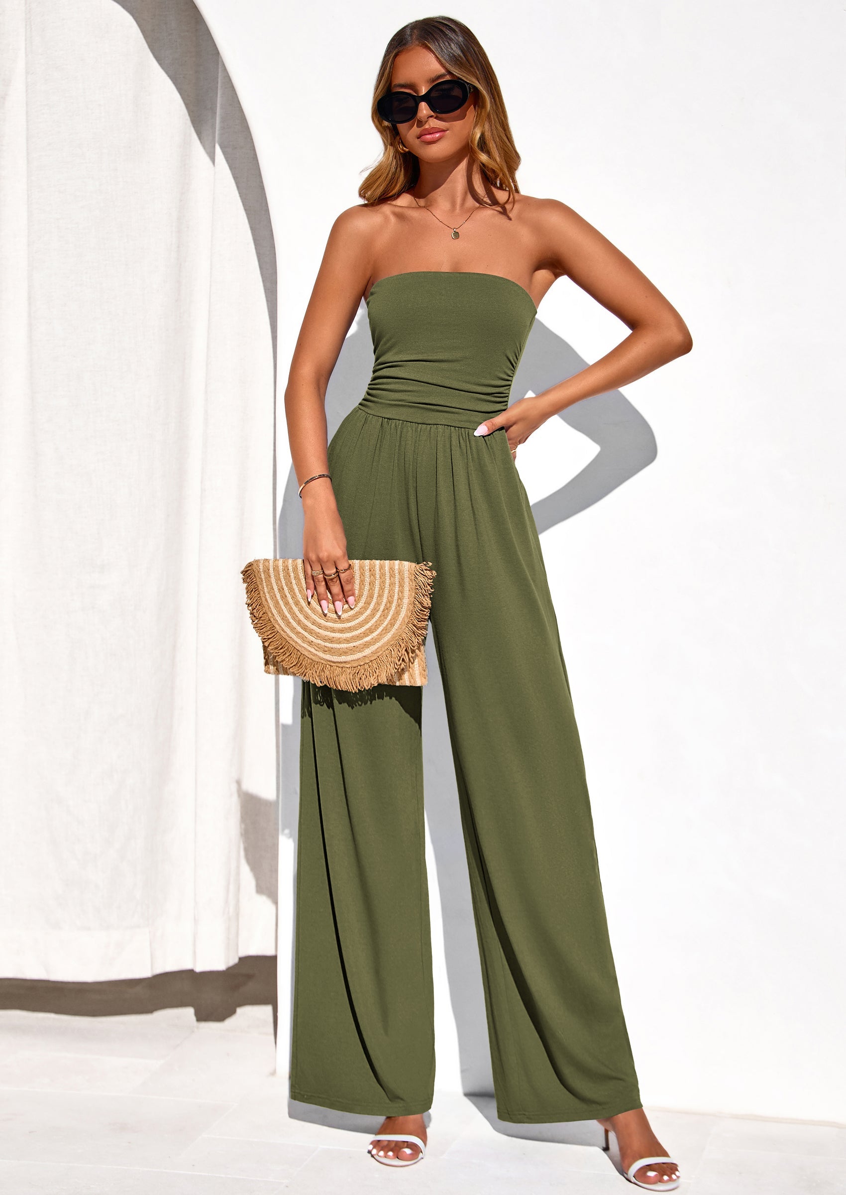 PRETTYGARDEN Womens Trendy Strapless Rompers Ruched Tube Top Wide Leg One Piece Jumpsuits Beach Vacation Summer Outfits PRETTYGARDEN