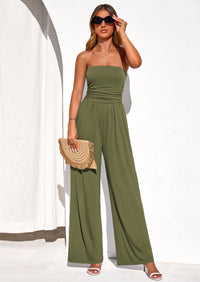 PRETTYGARDEN Womens Trendy Strapless Rompers Ruched Tube Top Wide Leg One Piece Jumpsuits Beach Vacation Summer Outfits PRETTYGARDEN