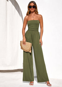 PRETTYGARDEN Womens Trendy Strapless Rompers Ruched Tube Top Wide Leg One Piece Jumpsuits Beach Vacation Summer Outfits PRETTYGARDEN