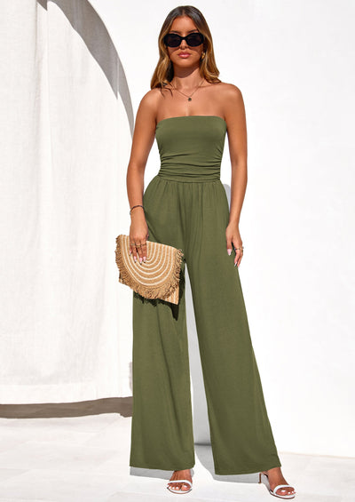 PRETTYGARDEN Womens Trendy Strapless Rompers Ruched Tube Top Wide Leg One Piece Jumpsuits Beach Vacation Summer Outfits PRETTYGARDEN