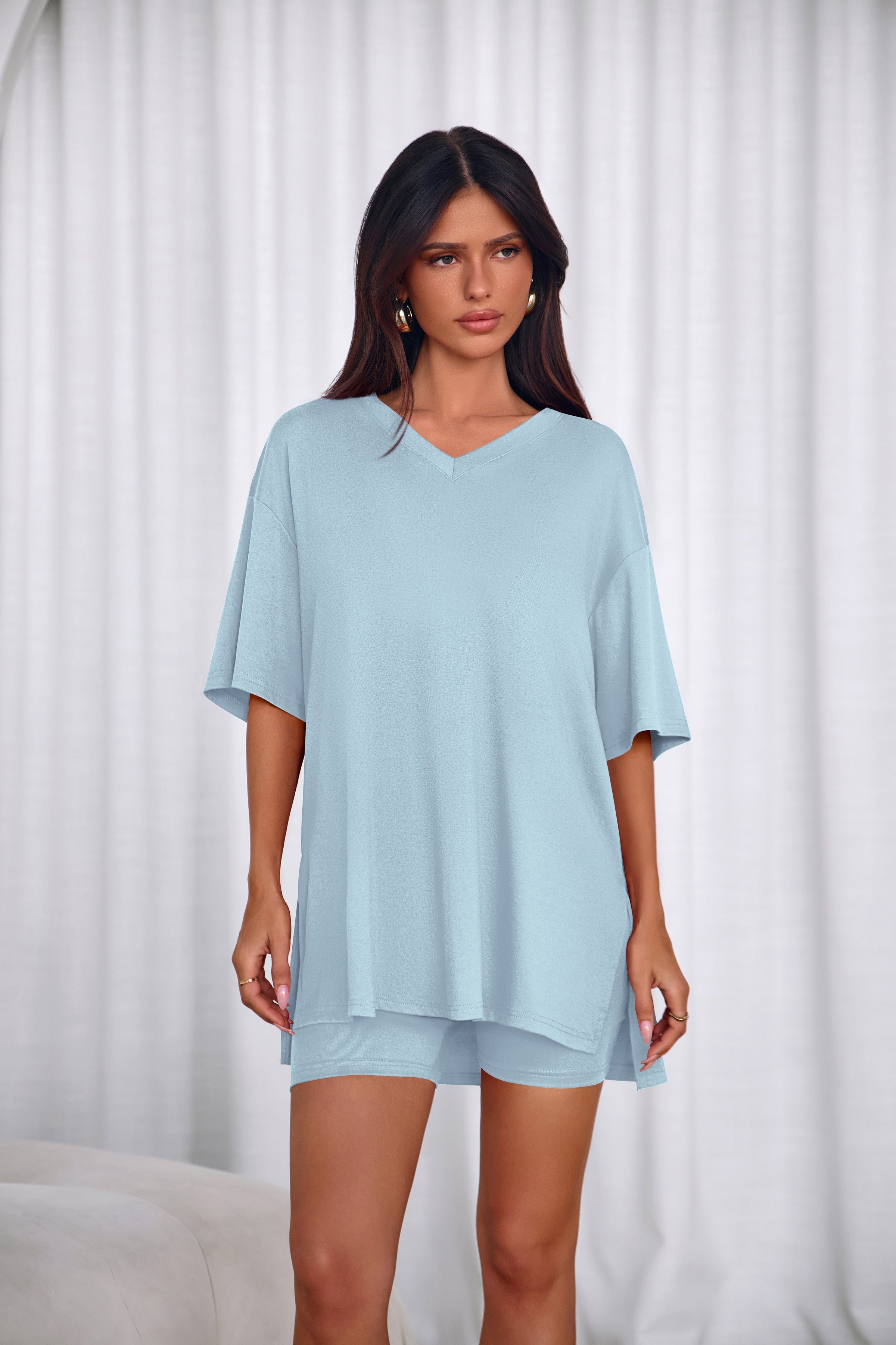 PRETTYGARDEN 2 Piece Sets for Women Summer Lounge Short Set Spring Matching Biker Shorts V Neck Oversized Shirt Clothing PRETTYGARDEN