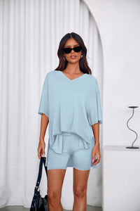 PRETTYGARDEN 2 Piece Sets for Women Summer Lounge Short Set Spring Matching Biker Shorts V Neck Oversized Shirt Clothing PRETTYGARDEN