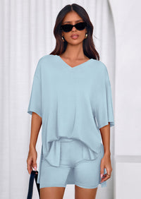 PRETTYGARDEN 2 Piece Sets for Women Summer Lounge Short Set Spring Matching Biker Shorts V Neck Oversized Shirt Clothing PRETTYGARDEN