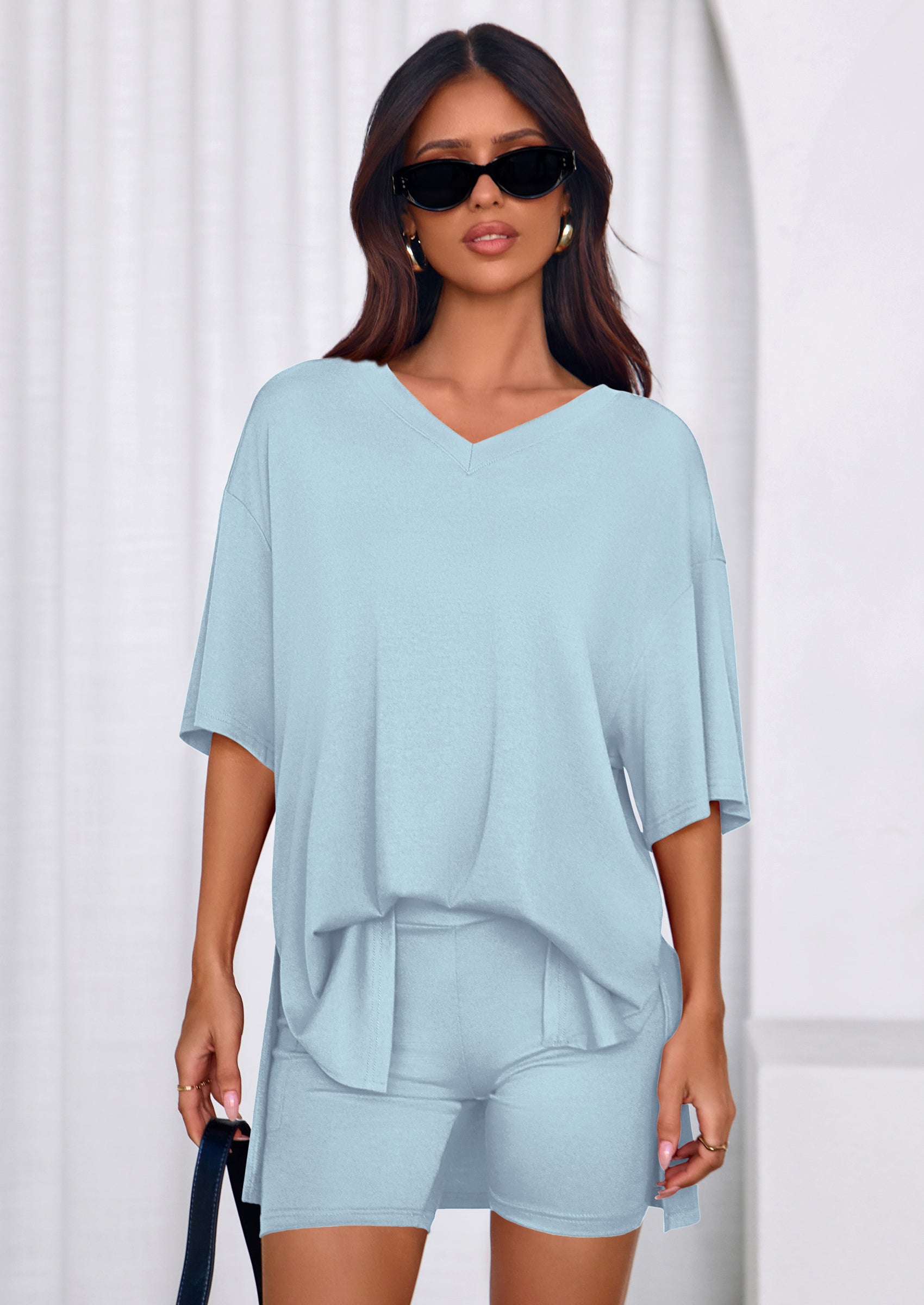 PRETTYGARDEN 2 Piece Sets for Women Summer Lounge Short Set Spring Matching Biker Shorts V Neck Oversized Shirt Clothing PRETTYGARDEN