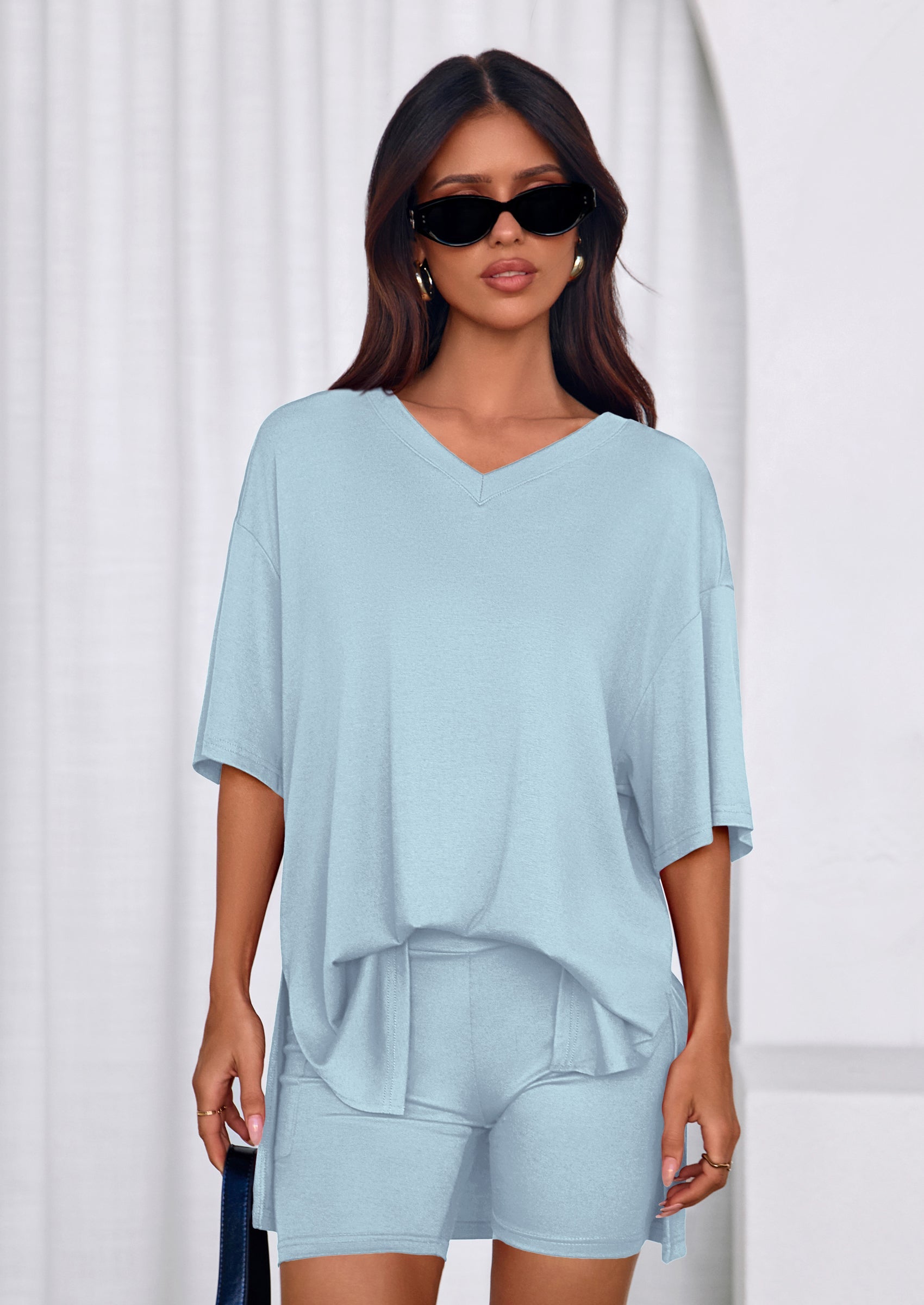 PRETTYGARDEN 2 Piece Sets for Women Summer Lounge Short Set Spring Matching Biker Shorts V Neck Oversized Shirt Clothing PRETTYGARDEN