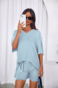 PRETTYGARDEN 2 Piece Sets for Women Summer Lounge Short Set Spring Matching Biker Shorts V Neck Oversized Shirt Clothing PRETTYGARDEN
