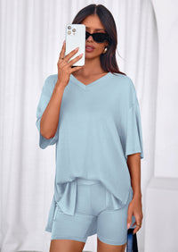PRETTYGARDEN 2 Piece Sets for Women Summer Lounge Short Set Spring Matching Biker Shorts V Neck Oversized Shirt Clothing PRETTYGARDEN