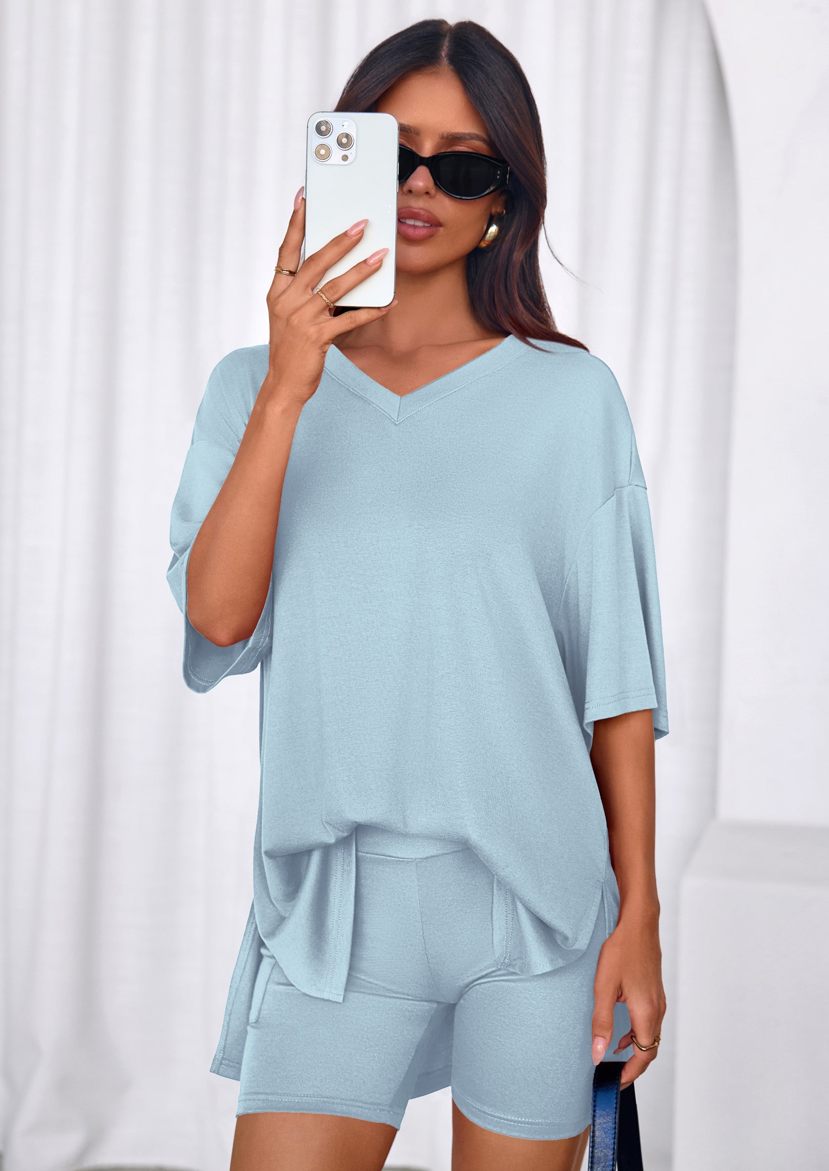 PRETTYGARDEN 2 Piece Sets for Women Summer Lounge Short Set Spring Matching Biker Shorts V Neck Oversized Shirt Clothing PRETTYGARDEN