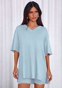 PRETTYGARDEN 2 Piece Sets for Women Summer Lounge Short Set Spring Matching Biker Shorts V Neck Oversized Shirt Clothing PRETTYGARDEN